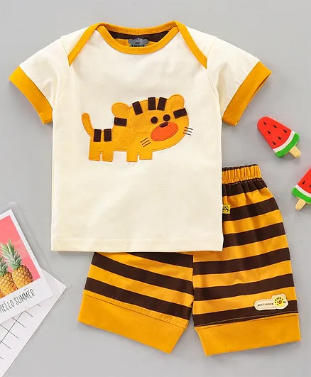 Mini Taurus Short Sleeves Tee & Stripe Shorts Tiger Embroidery - White Yellow