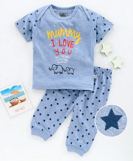 Mini Taurus Half Sleeves Tee & Pajama Set Star Print - Blue
