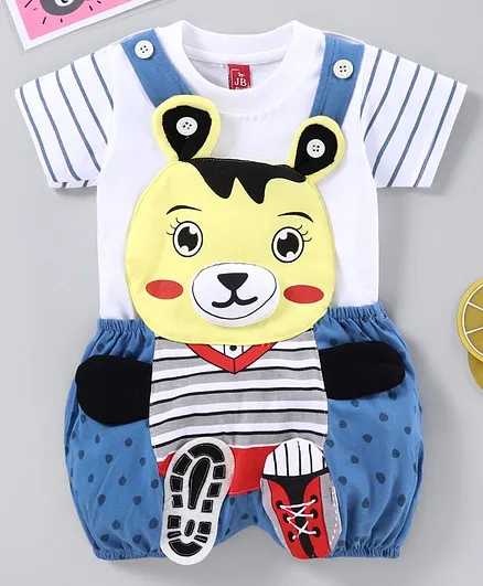Jb Club Half Sleeves Striped Tee With Teddy Patch Dungaree - Blue