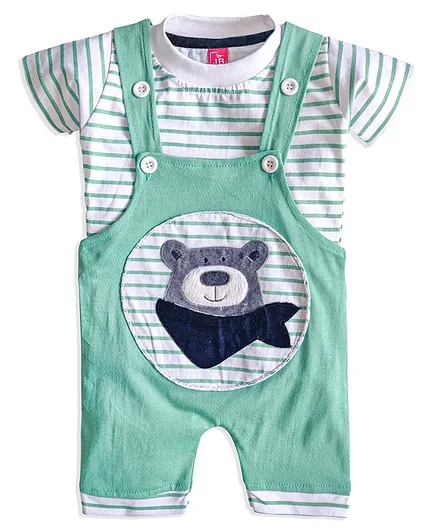 Jb Club Half Sleeves Striped T-Shirt With Bear Patch Dungaree - Green