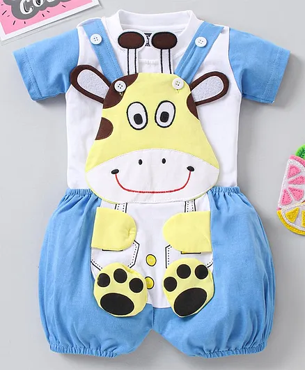 Jb Club Half Sleeves Tee With Giraffe Detailed Dungaree - Blue