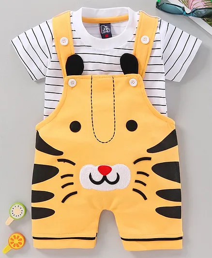 Jb Club Half Sleeves Tee With Tiger Face Design Dungaree - Yellow