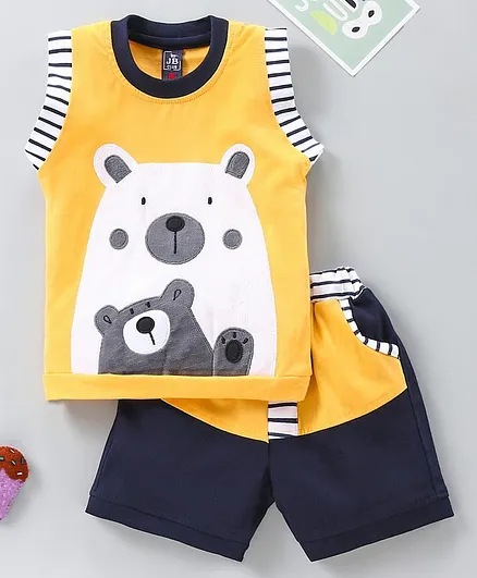 Jb Club Sleeveless Teddy Patch Detailing Tee & Shorts Set - Yellow