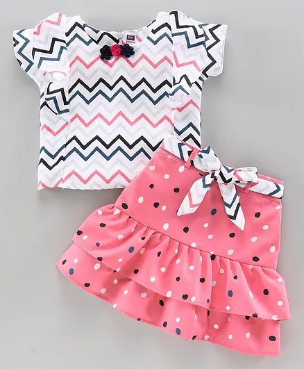 Nottie Planet Cap Sleeves Chevron Print Top With Skirt - Pink