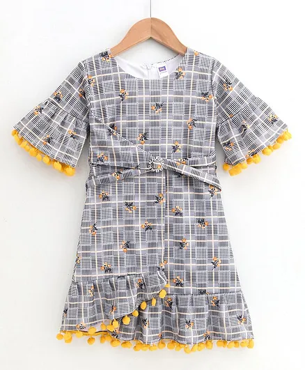 Nottie Planet Half Sleeves Pom Pom Lace Checked Dress - Yellow