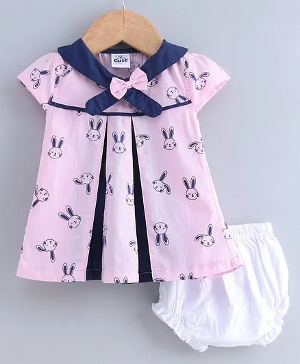 U R CUTE Short Sleeves Bunny Print Dress With Bloomer - Pink