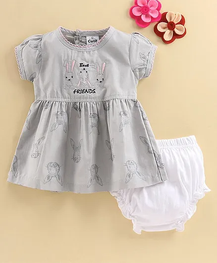 U R Cute Short Sleeves Bunny Design Dress With Bloomers - Grey