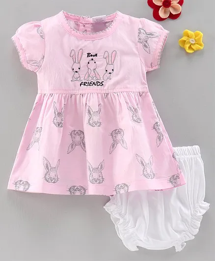 U R CUTE Short Sleeves Bunny Print Dress With Bloomer - Pink