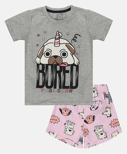 Little Marine Half Sleeves Dog Printed Tee & Shorts Set - Grey