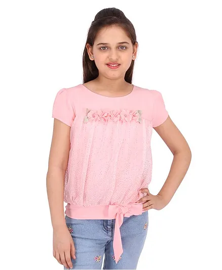 Cutecumber Short Sleeves Flower Embellished Top - Pink