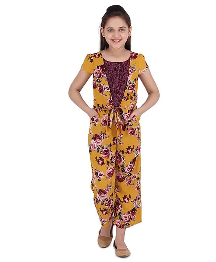 Cutecumber Short Sleeves Glitter Finish Front Knotted Floral Print Jumpsuit - Yellow