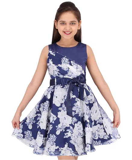Cutecumber Sleeveless Floral Print Dress - Blue