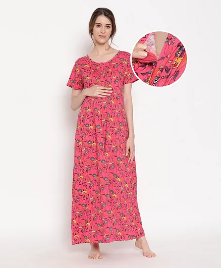 Bella Mama Half Sleeves Maternity Nighty Floral Print - Red