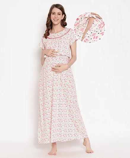 Bella Mama Half Sleeves Maternity Round Neck Coverup Nighty - Beige