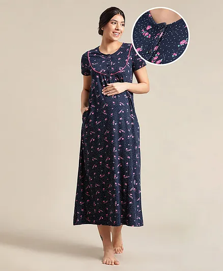 Bella Mama Half Sleeves Floral Print Nighty - Blue
