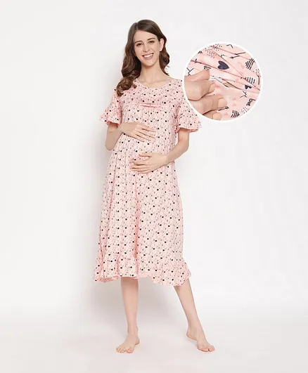 Bella Mama Half Sleeves Maternity Nighty Hearts Print - Peach