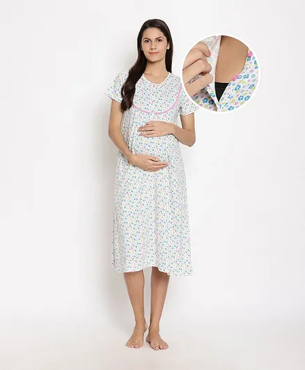 Bella Mama Half Sleeves Maternity Nighty Floral Print - White