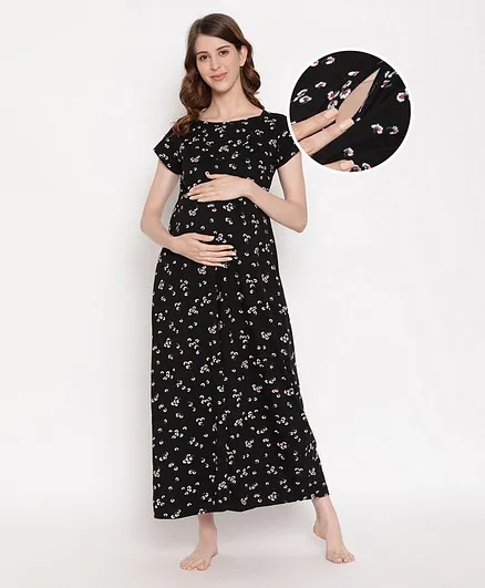 Bella Mama Half Sleeves Floral Printed Nursing Nighty - Black