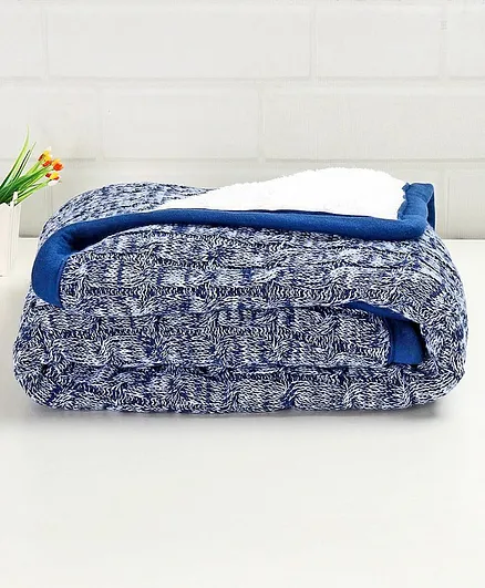 Babyhug Premium Cotton Knitted & Fur Blanket - Blue Melange