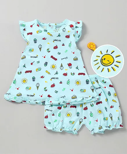 Cucumber Flutter Sleeves Vest & Shorts Ice Cream Print - Blue