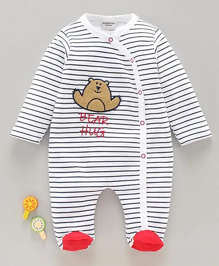 Wonderchild Full Sleeves Striped Footed Romper - White & Navy Blue