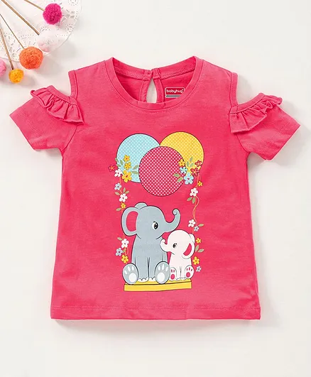 Babyhug Half Sleeves Cold Shoulder Tee Graphic Print - Pink