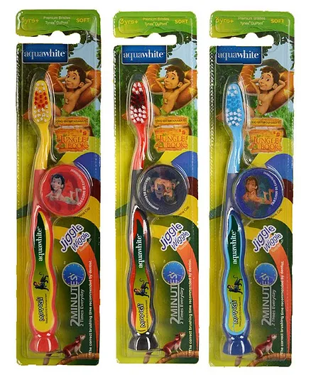 Aquawhite The Jungle Book Jiggle Wiggle Toothbrush Pack of 3 - Yellow Red Blue