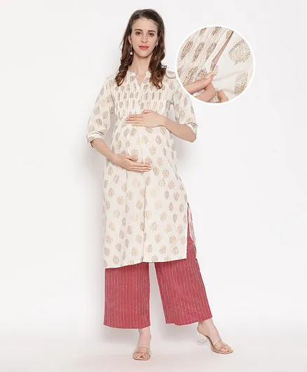 Bella Mama Three Fourth Sleeves Maternity Ethnic Set Leaf Print with Mask - White