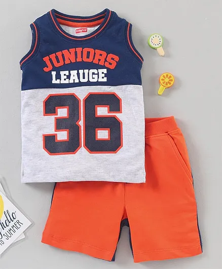 Babyhug Sleeveless Printed Tshirt and Shorts - Grey Blue