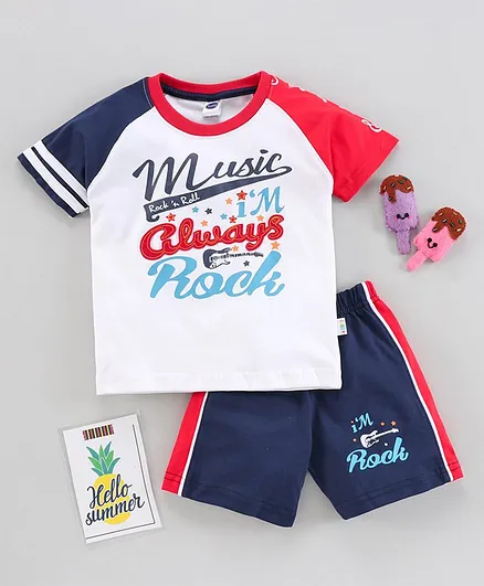 Teddy Raglan Sleeves Tee & Shorts Music Print - White Navy Blue