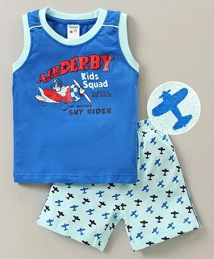 Tango Sleeveless T-Shirt And Bottomwear Text Print - Blue