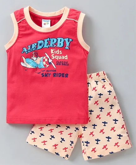 Tango Sleeveless T-Shirt And Bottomwear Text Print - Red