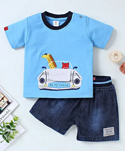Little Folks Half Sleeves Tee and Shorts Set Animal Embroidery - Blue