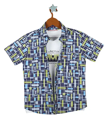 Monte Carlo Half Sleeves Printed Shirt With Attached Tee - Navy Blue