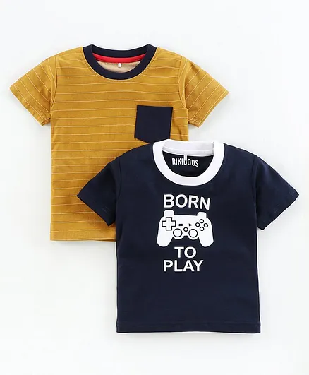 Rikidoos Pack Of 2 Half Sleeves Born To Play Print T-Shirt - White Blue