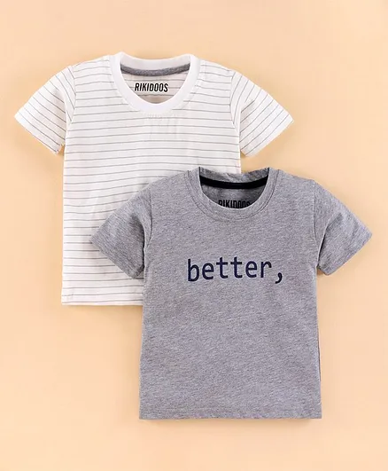 Rikidoos Pack Of 2 Half Sleeves Text Print & Striped Tee - White Grey