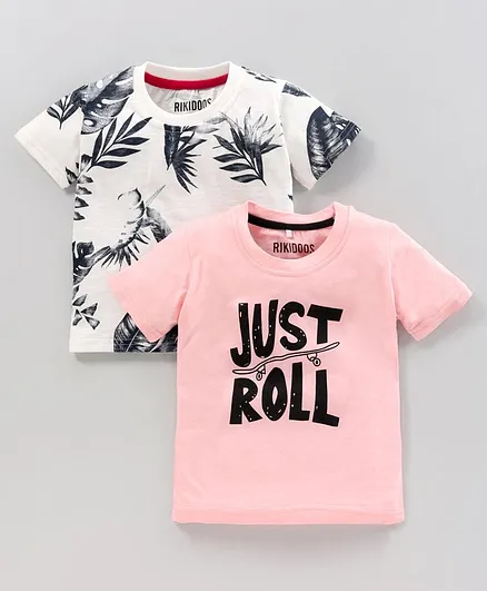 Rikidoos Pack Of 2 Half Sleeves Leaves Printed Tees - Pink & White