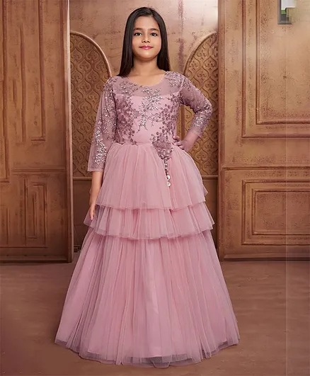 Betty By Tiny Kingdom Full Sleeves Sequined Layered Gown - Purple