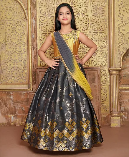 Betty By Tiny Kingdom Sleeveless Motif & Floral Design Color Blocked Gown With Dupatta - Golden