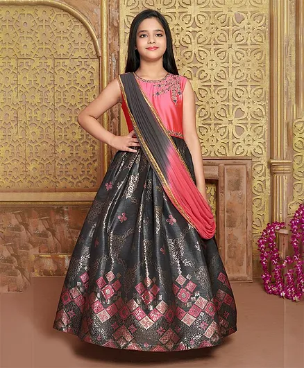Betty By Tiny Kingdom Sleeveless Motif & Floral Design Color Blocked Gown With Dupatta - Pink