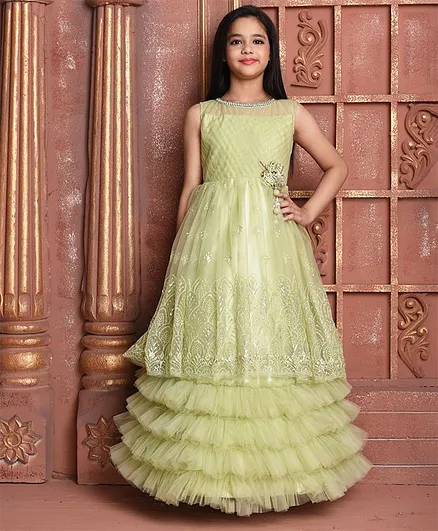Betty By Tiny Kingdom Sleeveless Embroidered Tulle Flare Gown - Green