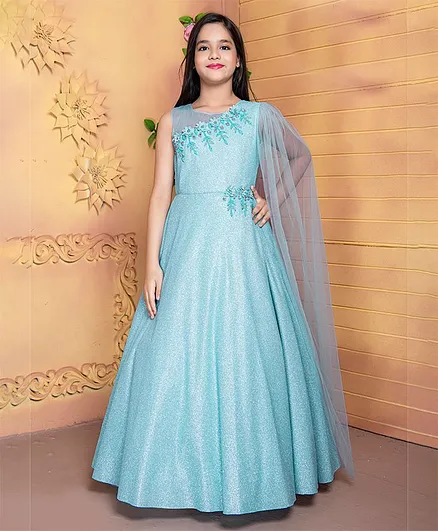 Betty By Tiny Kingdom Sleeveless Flower Embroidered Glitter Finish Gown - Blue