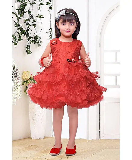 Fiona Sleeveless Floral Design Dress - Red
