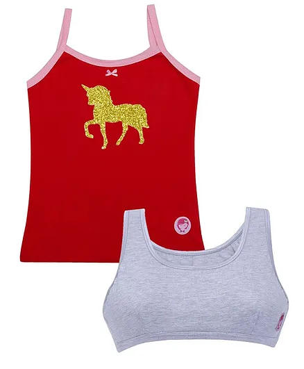 D'chica Pack of 2 Sleeveless Unicorn Printed Camisole With Beginner Sports Bra - Red & Grey