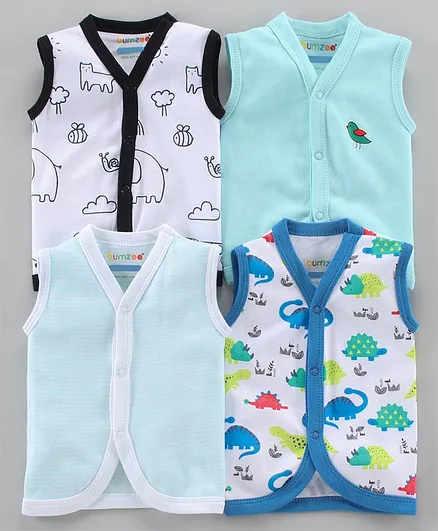 BUMZEE Pack Of 4 Sleeveless Solid & Animals Printed Jablas - Blue & White