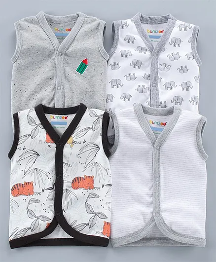 BUMZEE Pack of 4 Sleeveless Tiger Print Vests - Grey