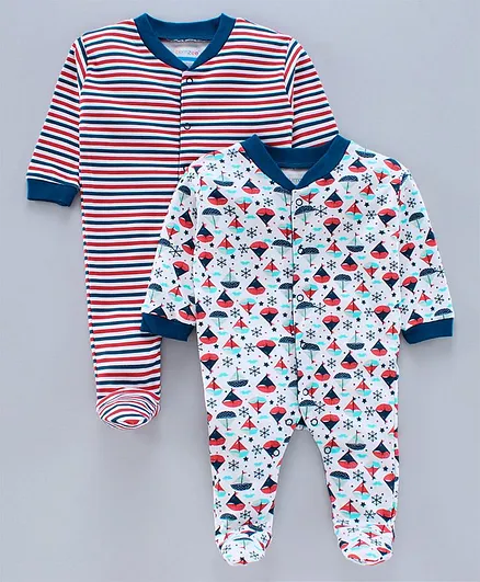 BUMZEE Full Sleeves Pack Of 2 Striped & Boat Print Sleep Suits - Multi Color