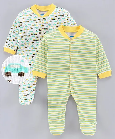 BUMZEE Full Sleeves Striped & Car Print Sleep Suits - Green