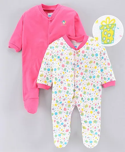 BUMZEE Full Sleeves Birthday Print & Solid Pack Of 2 Sleep Suits - Pink