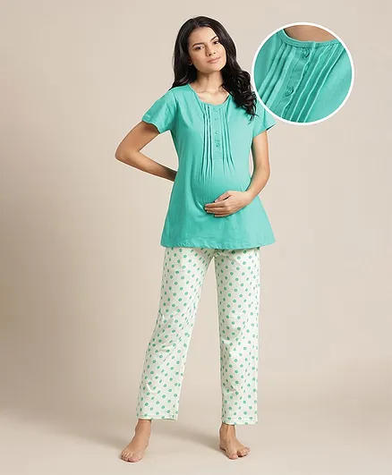 Bella Mama Half Sleeves Maternity Night Suit - Green